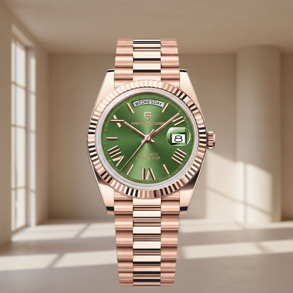 Rose gold watch with green dial and detailed mechanism on a white background