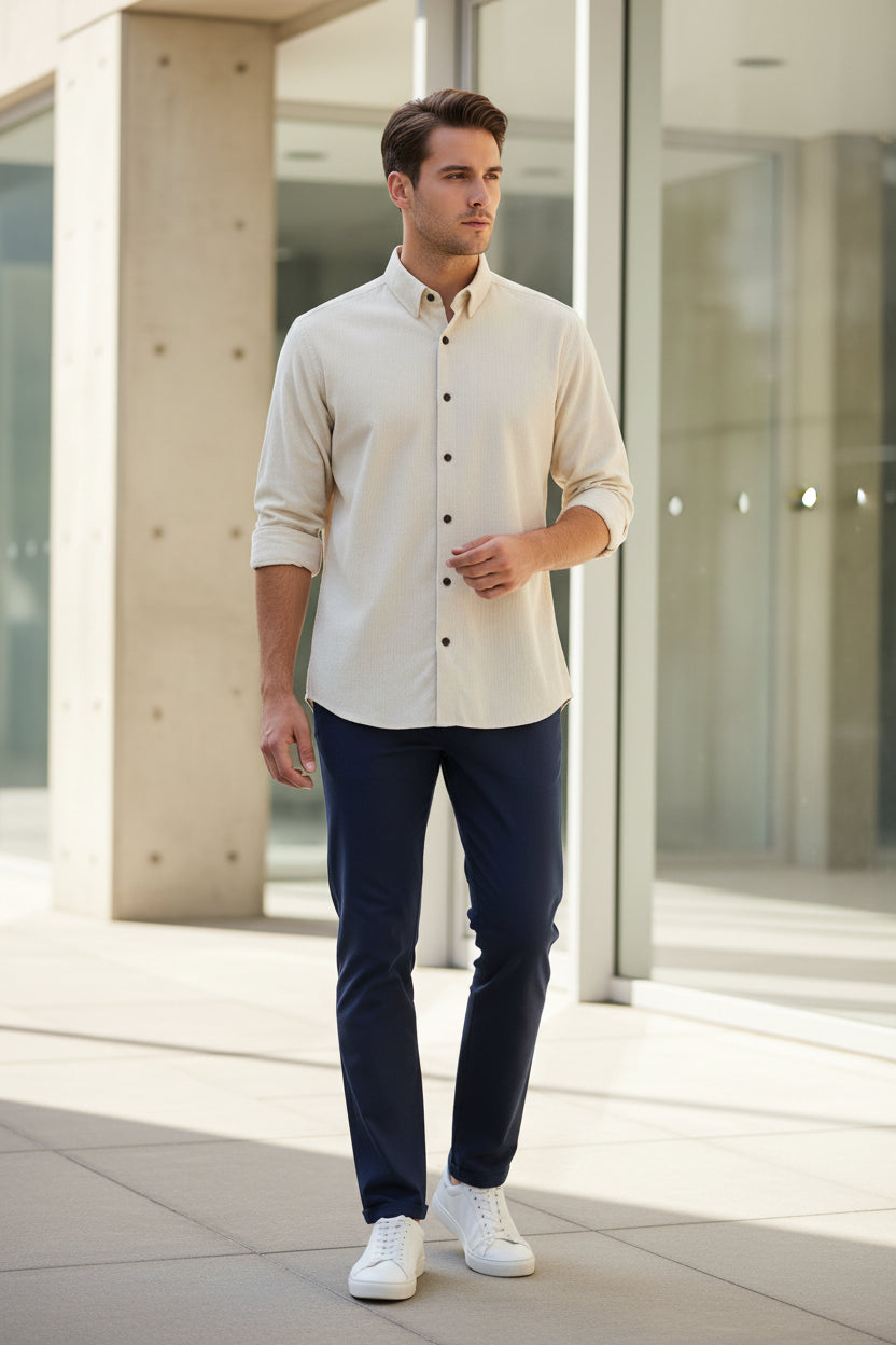 Folded beige dress shirt with black buttons on a white background