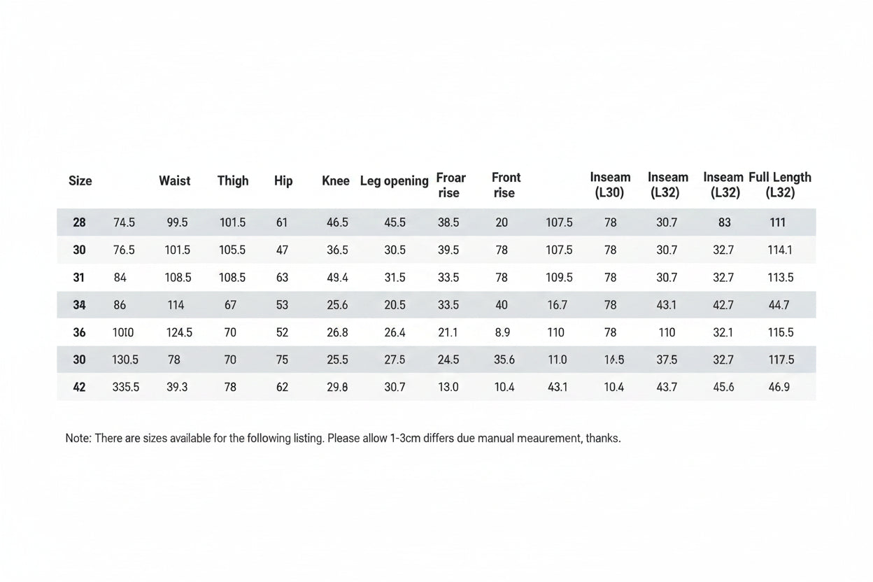 Size chart for pants with measurements in centimeters and inches.