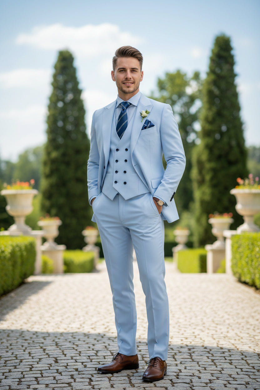 Light blue suit with a striped tie and boutonniere on a white background