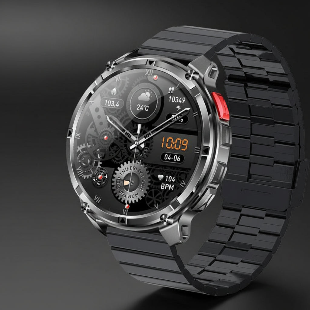 Smartwatch with black band and detailed display, featuring 1100mAh battery and IP68 waterproofing on a dark background.