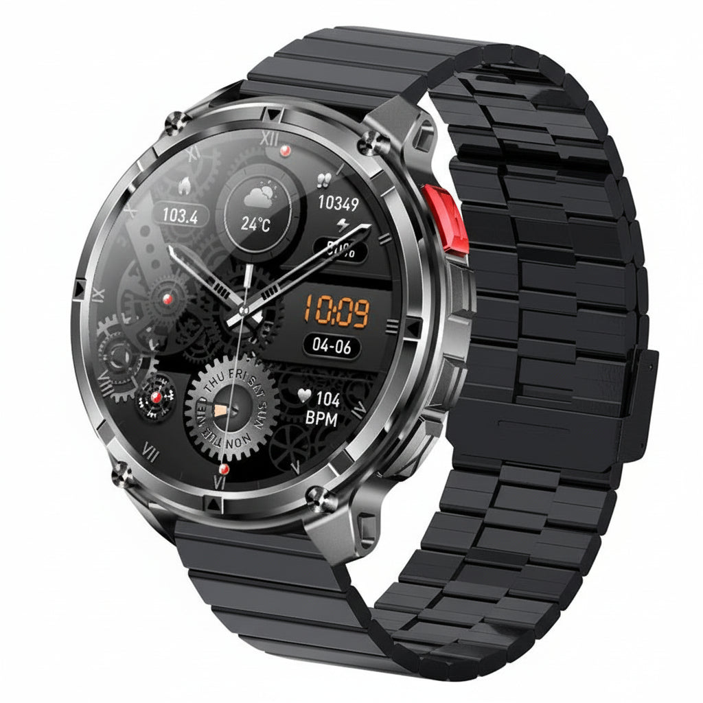 Smartwatch with black band and detailed display, featuring 1100mAh battery and IP68 waterproofing on a dark background.