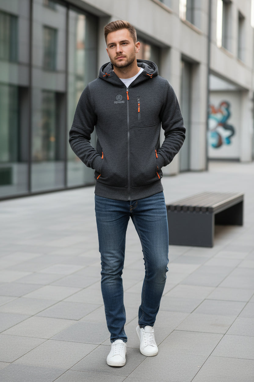 Gray hoodie with orange zippers and Apeks logo on a white background