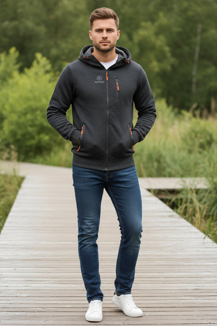 Gray hoodie with orange zippers and Apeks logo on a white background