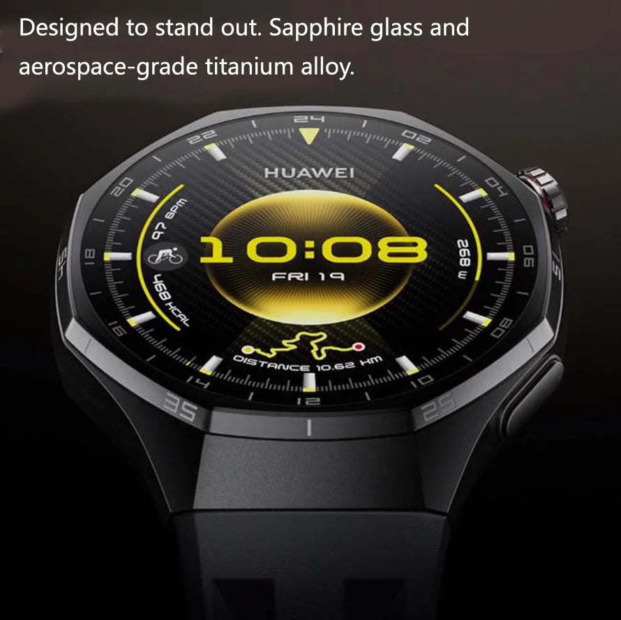 Smartwatch with a black strap and visible brand logo on a dark background