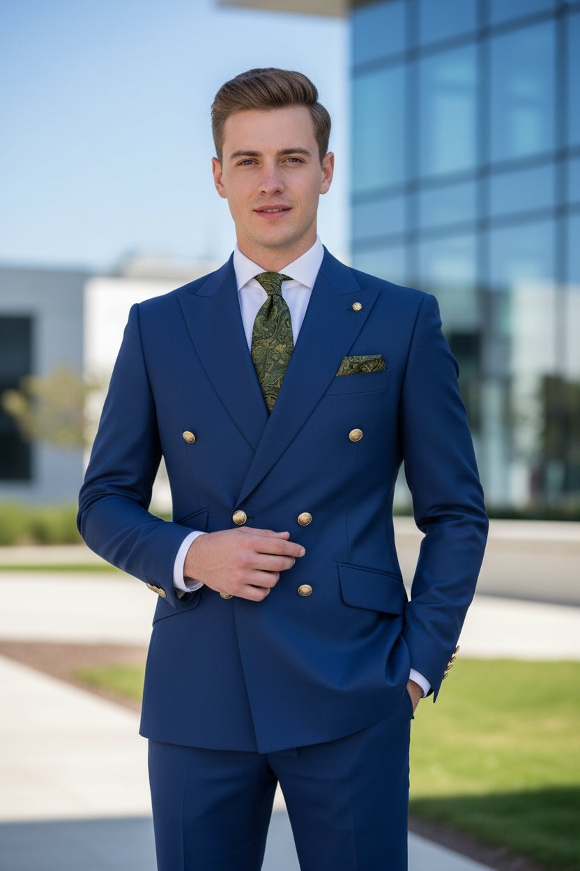 Blue suit jacket with gold buttons and matching pants on a white background