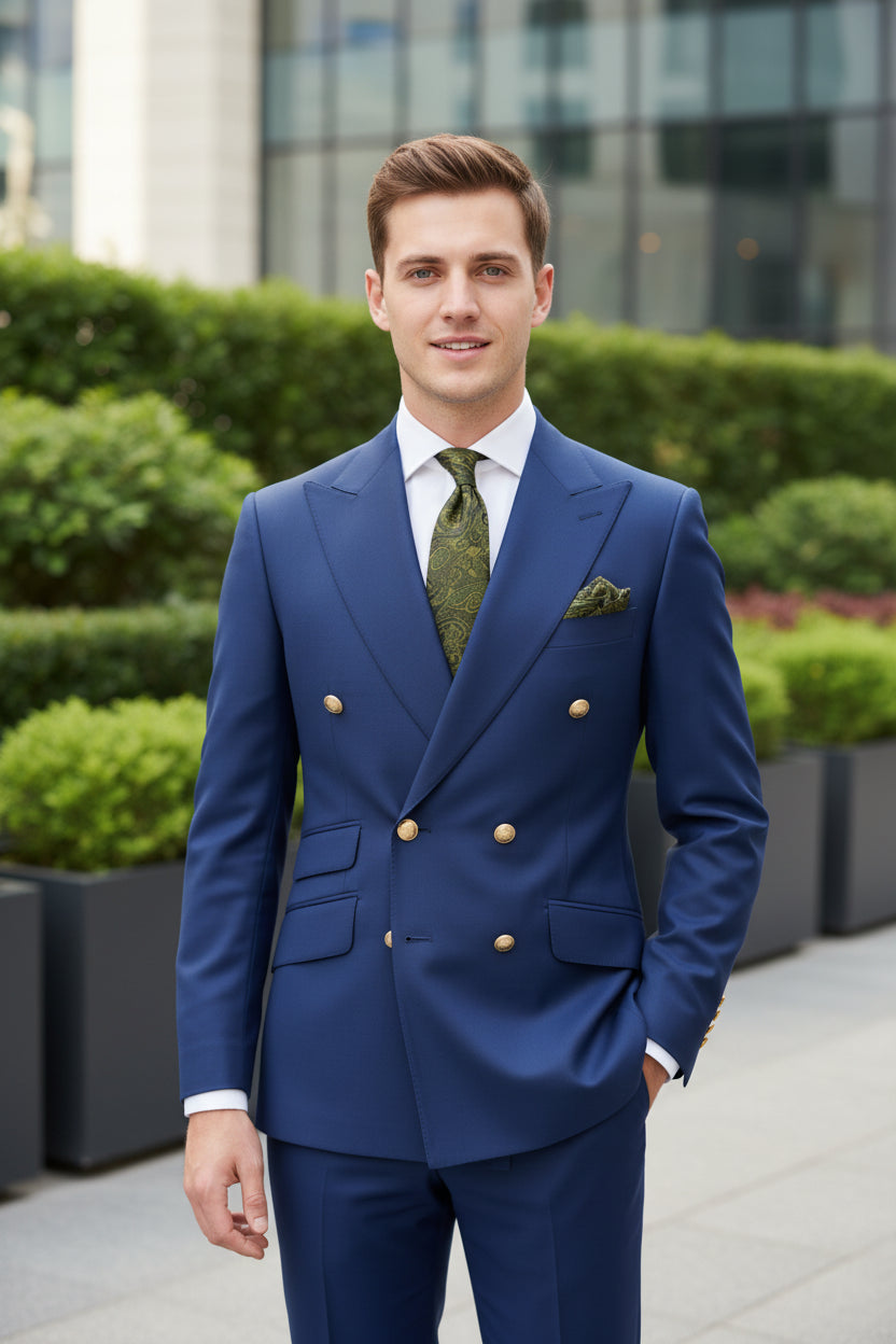 Blue suit jacket with gold buttons and matching pants on a white background