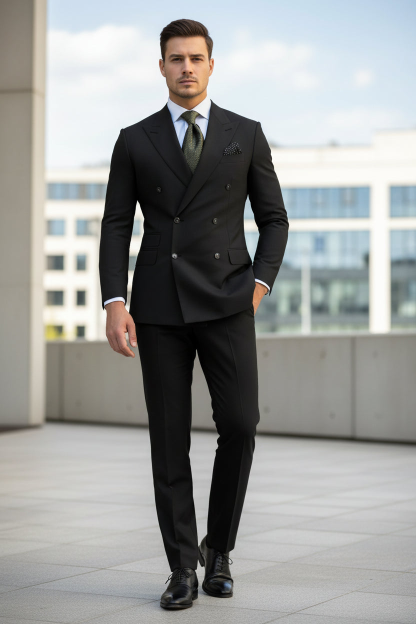 Man wearing a black suit with a white shirt and patterned tie.