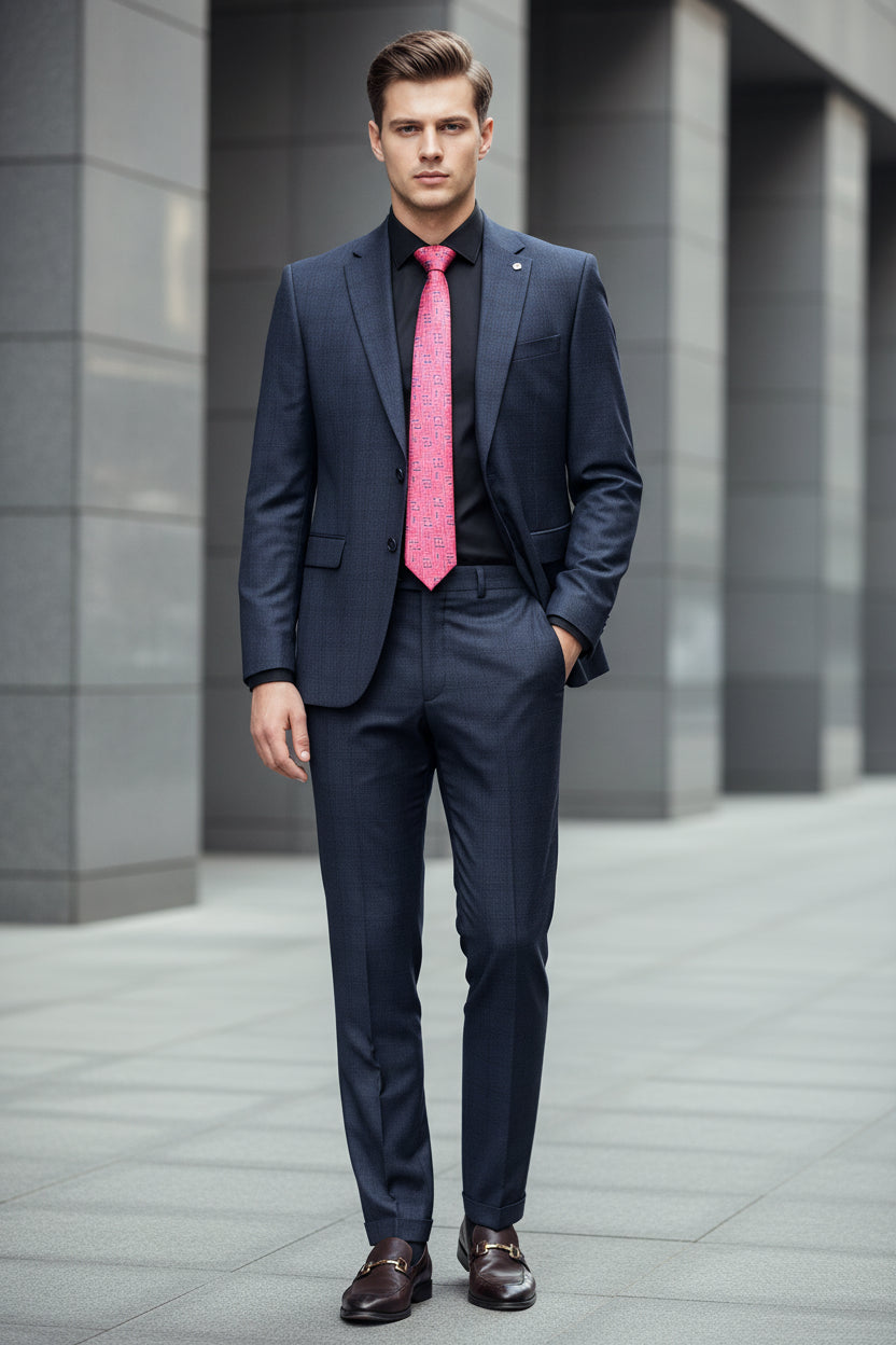 Gray suit on a mannequin with a patterned tie against a neutral background