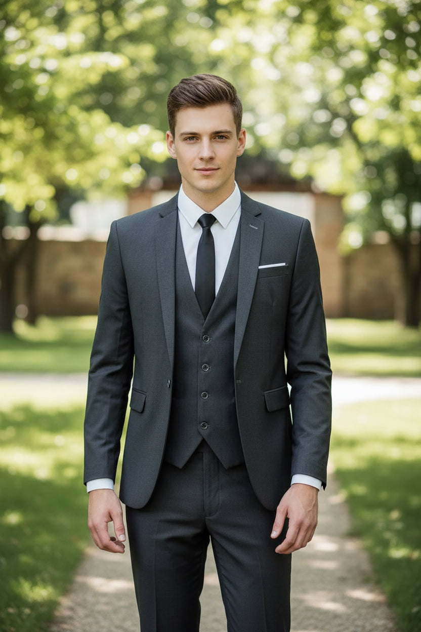 Man wearing a gray suit with a white shirt and black tie, standing against a neutral background.