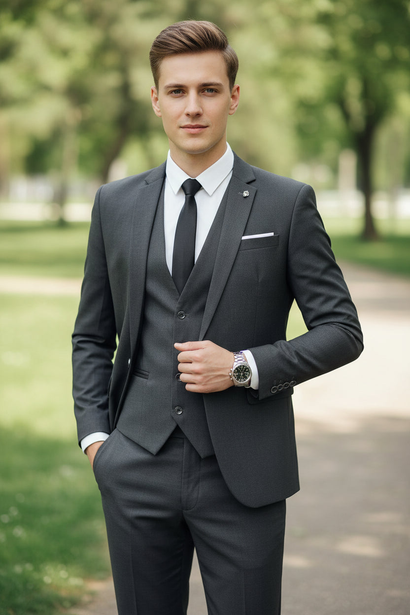 Man wearing a gray suit with a white shirt and black tie, standing against a neutral background.