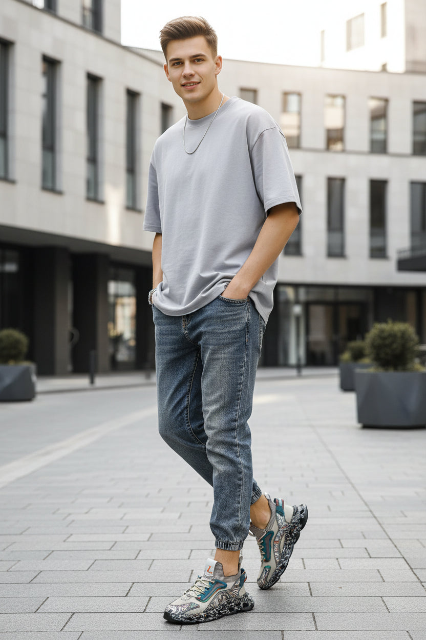 Person wearing a colorful sneaker with a patterned sole on a light gray background