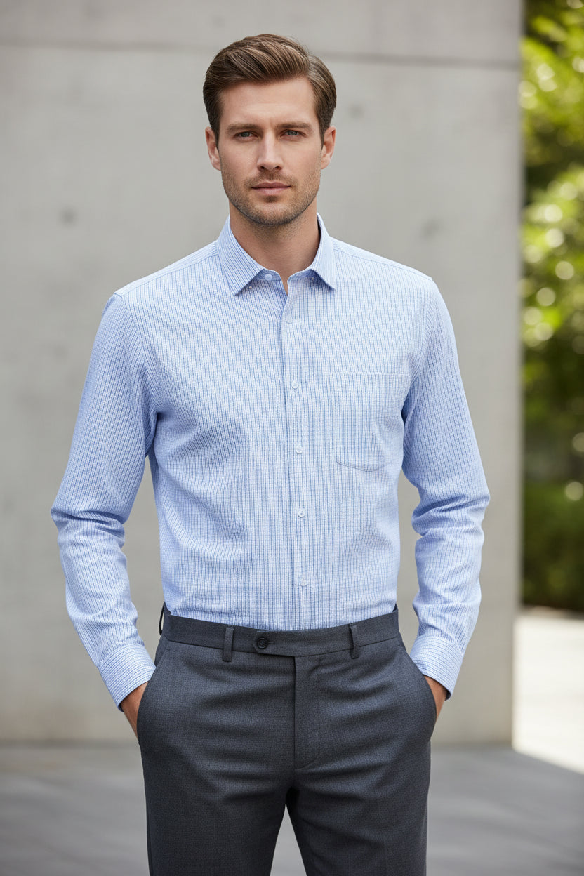 Folded blue checkered shirt with a close-up of the fabric on a white background