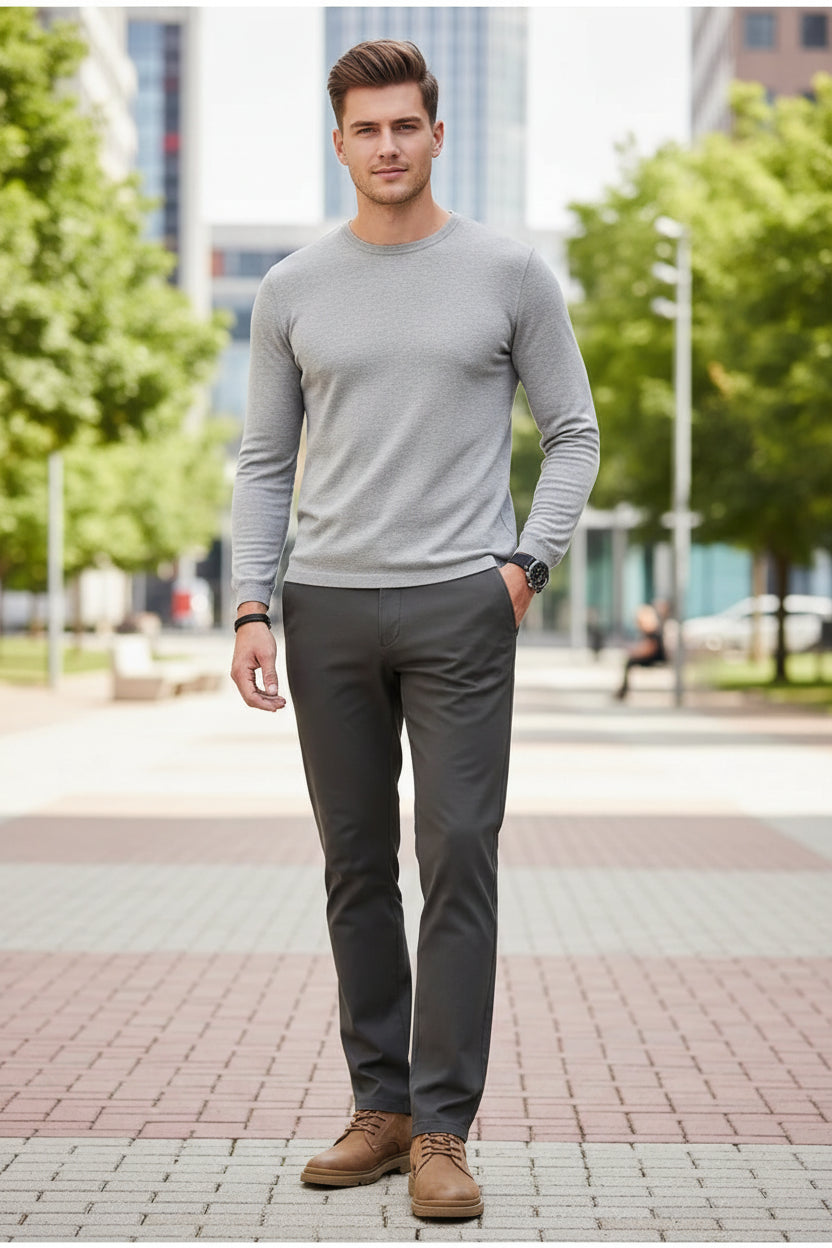 Dark grey pants worn by a person on a gray background