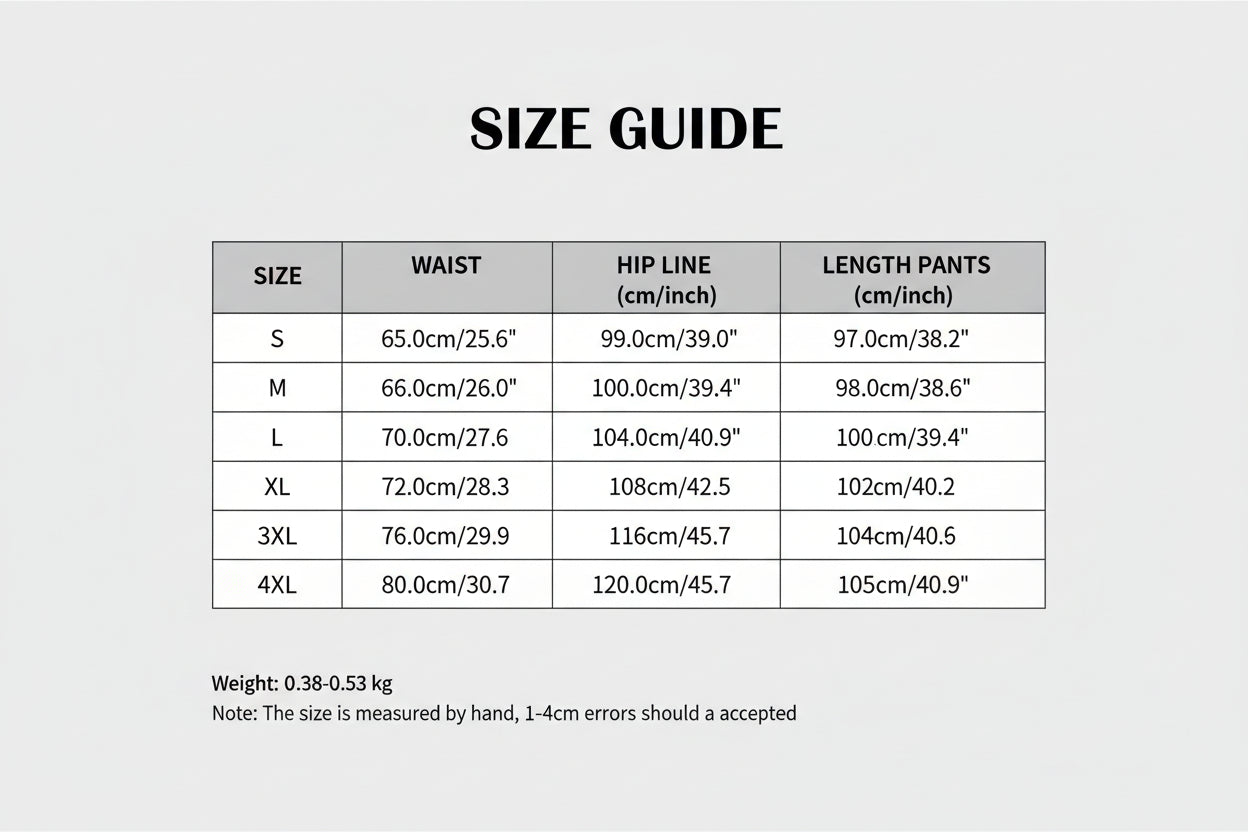 Product parameters table for pants including size, waist, hip line, and length measurements.