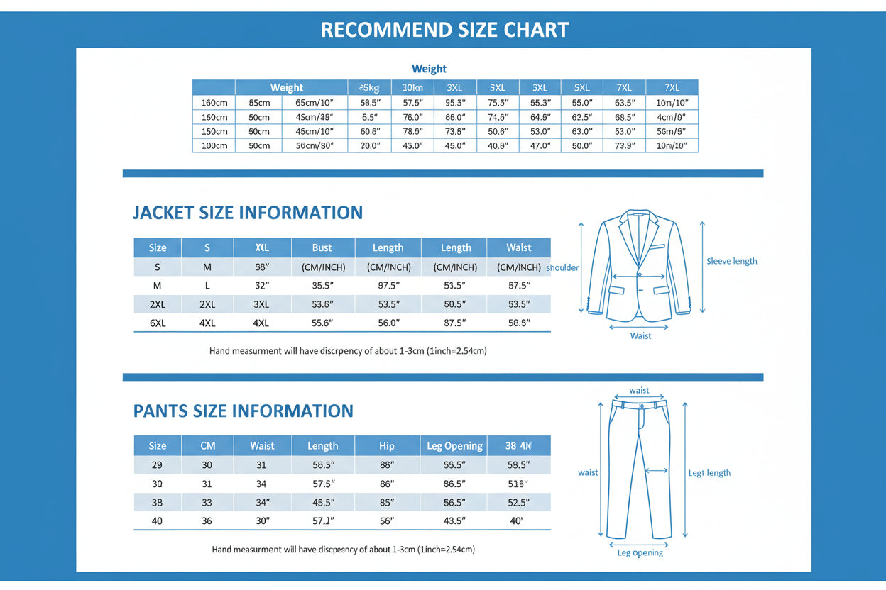 Size chart for clothing with measurements in centimeters and inches.