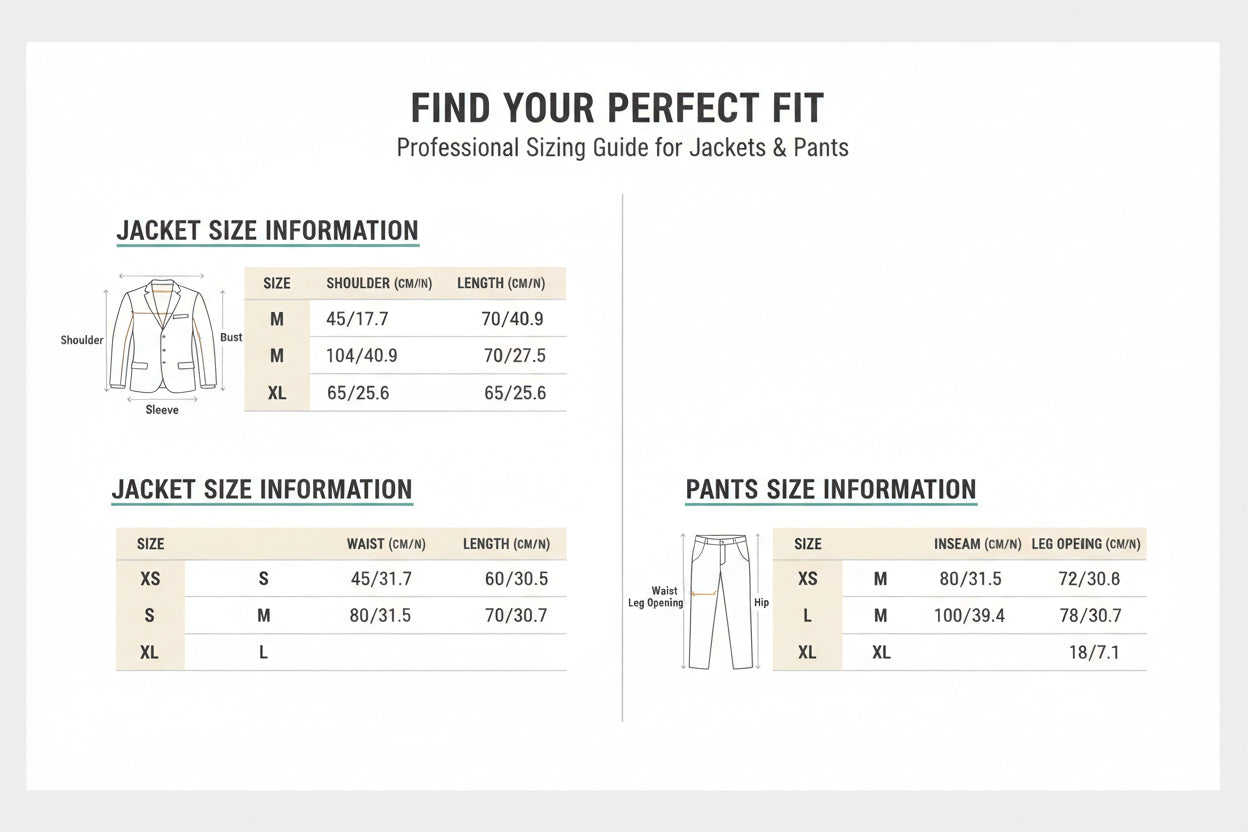 Size chart for clothing with measurements in centimeters and inches.
