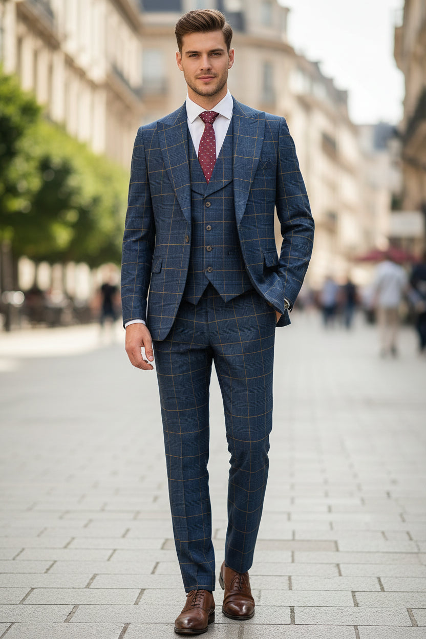 Blue checkered suit on a mannequin with a red tie against a brown curtain background