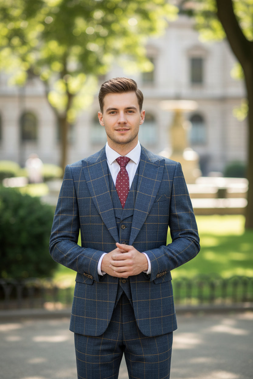 Blue checkered suit on a mannequin with a red tie against a brown curtain background