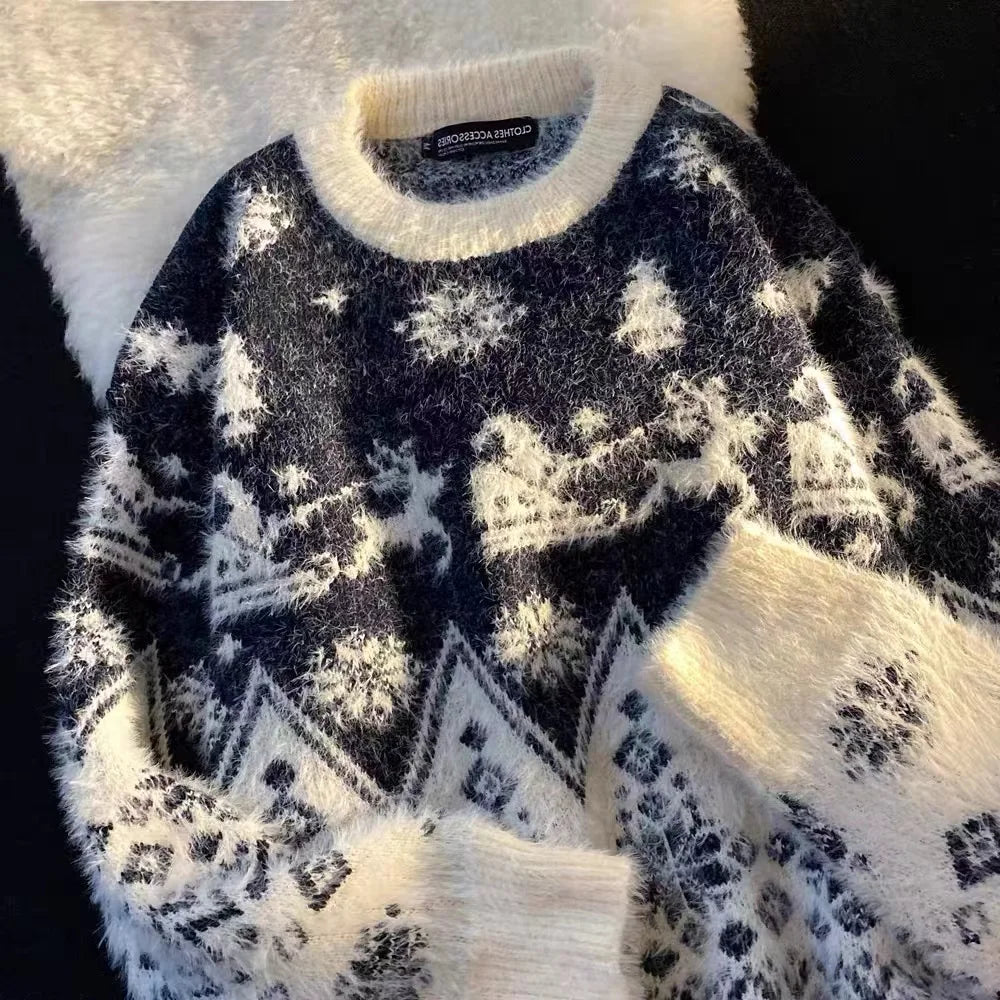 Christmas Couple Sweaters Loose Knitted Thickened Men's round Neck Long Sleeve Casual Winter Fashion Street Style Sweatshirt