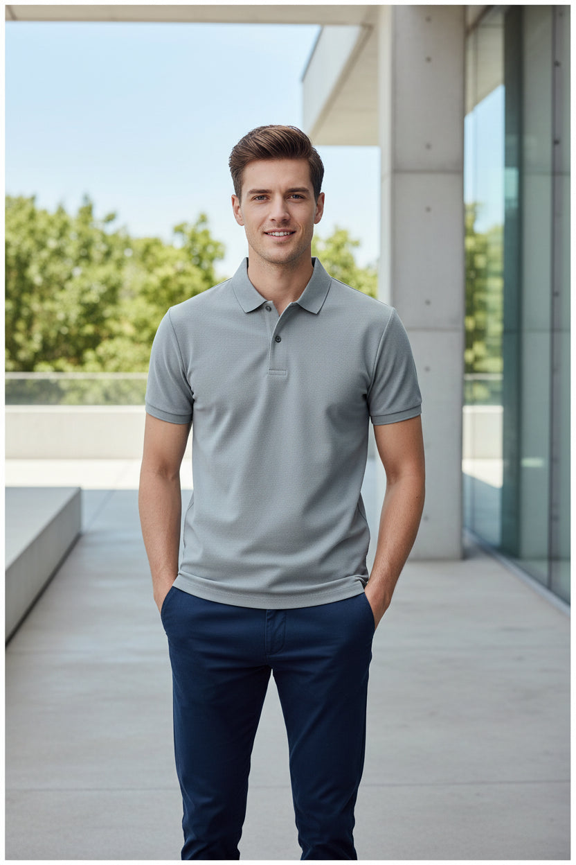 Gray polo shirt held by a hand with other shirts in the background