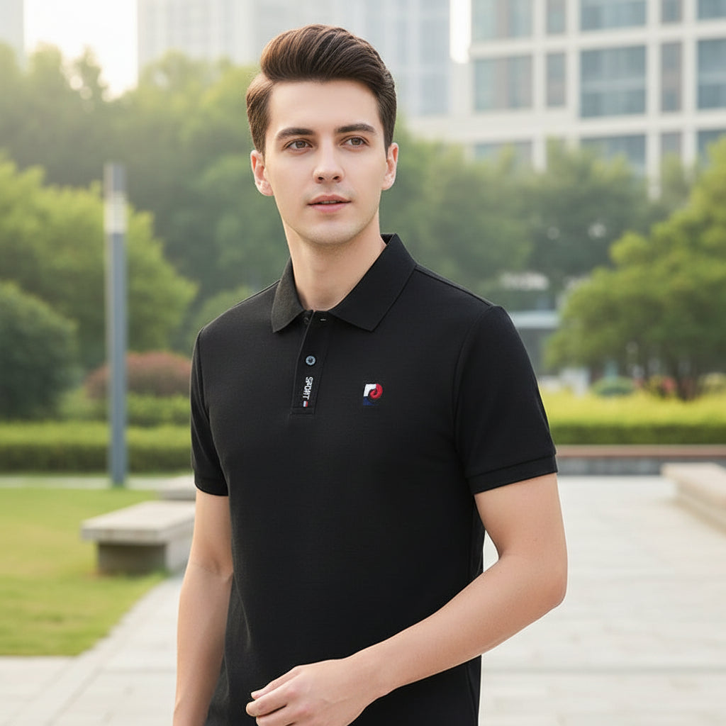 Black polo shirt with brand logo held by a hand against a blurred clothing store background