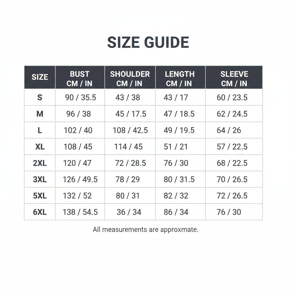 Size information chart with measurements in centimeters and inches for various clothing sizes.