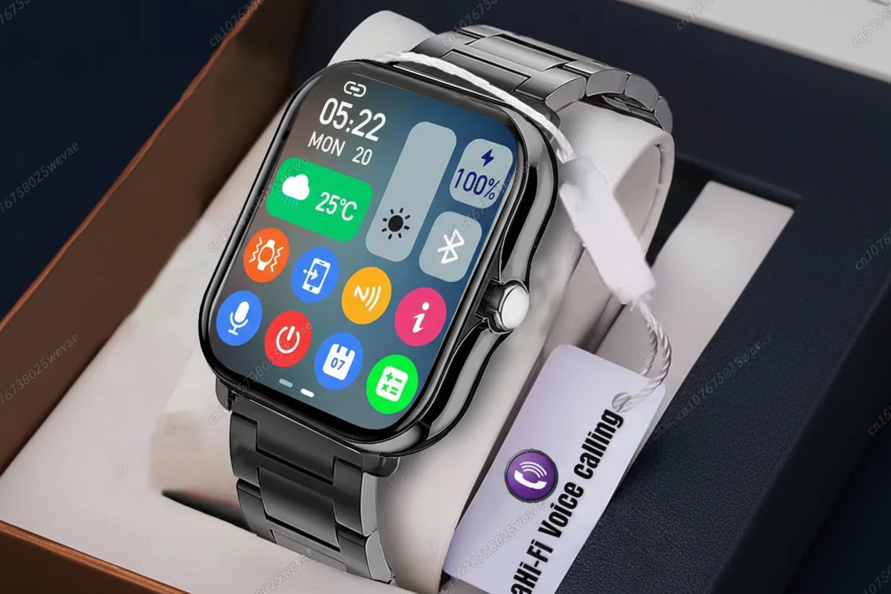 Smartwatch with a metal band on a white surface, displaying colorful app icons.