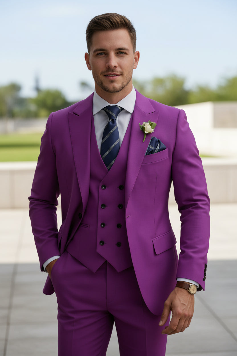 Purple suit with a white shirt, striped tie, and boutonniere on a white background