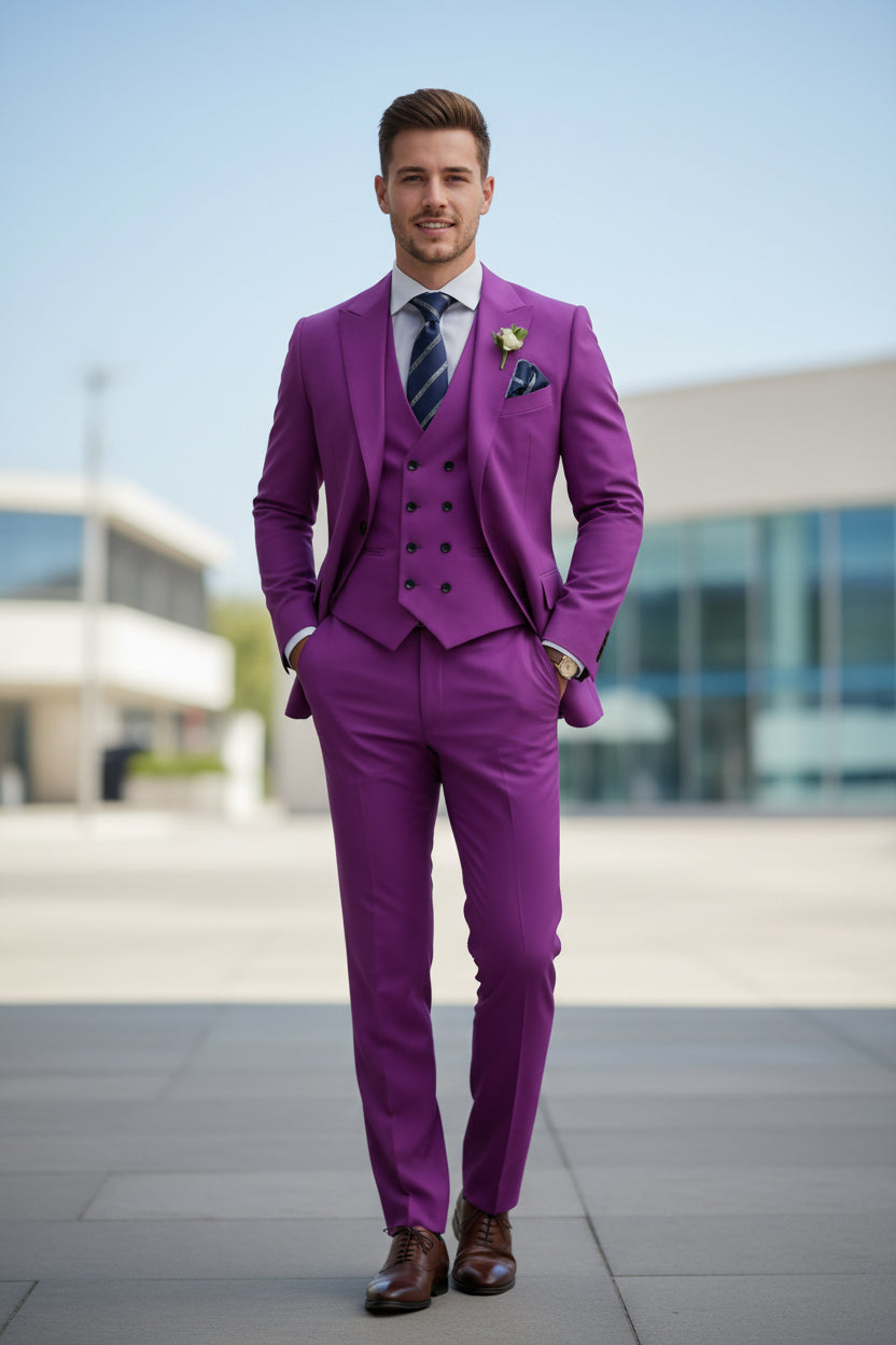 Purple suit with a white shirt, striped tie, and boutonniere on a white background