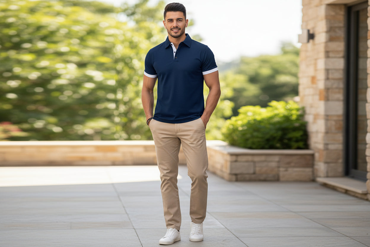 Man wearing a navy blue polo shirt with white trim on a white background