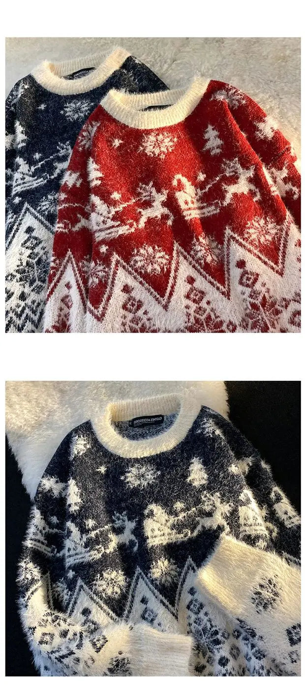 Christmas Couple Sweaters Loose Knitted Thickened Men's round Neck Long Sleeve Casual Winter Fashion Street Style Sweatshirt