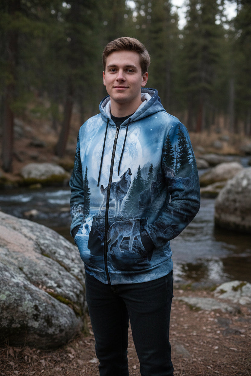 Hoodie with wolf design on a white background
