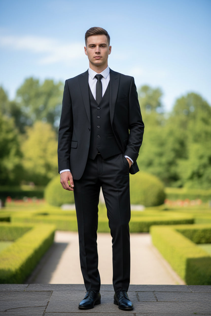 Man wearing a black suit with a white shirt and tie, standing against a wall with text.