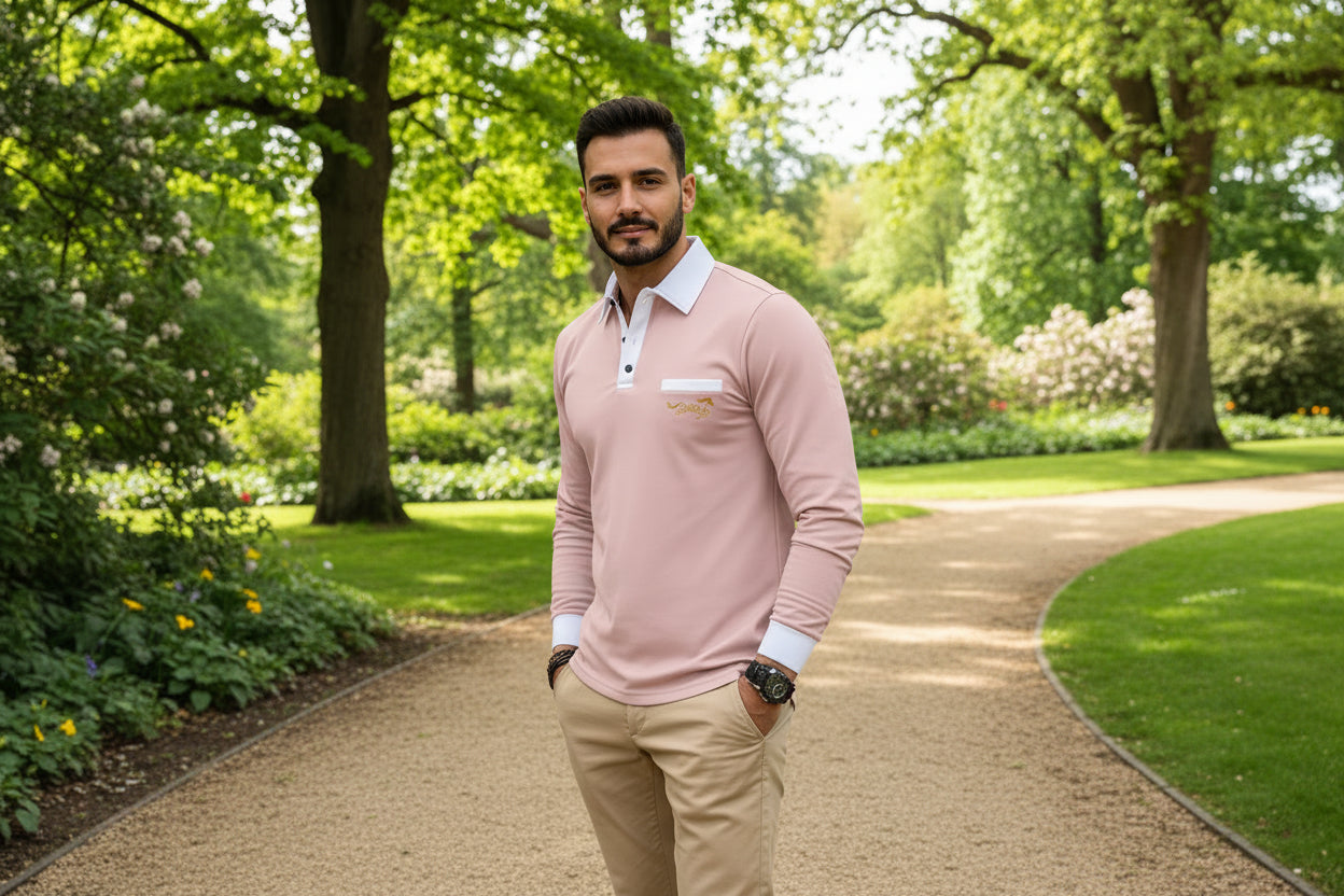 Man wearing a light pink long-sleeve polo shirt with a logo, standing in front of a car.