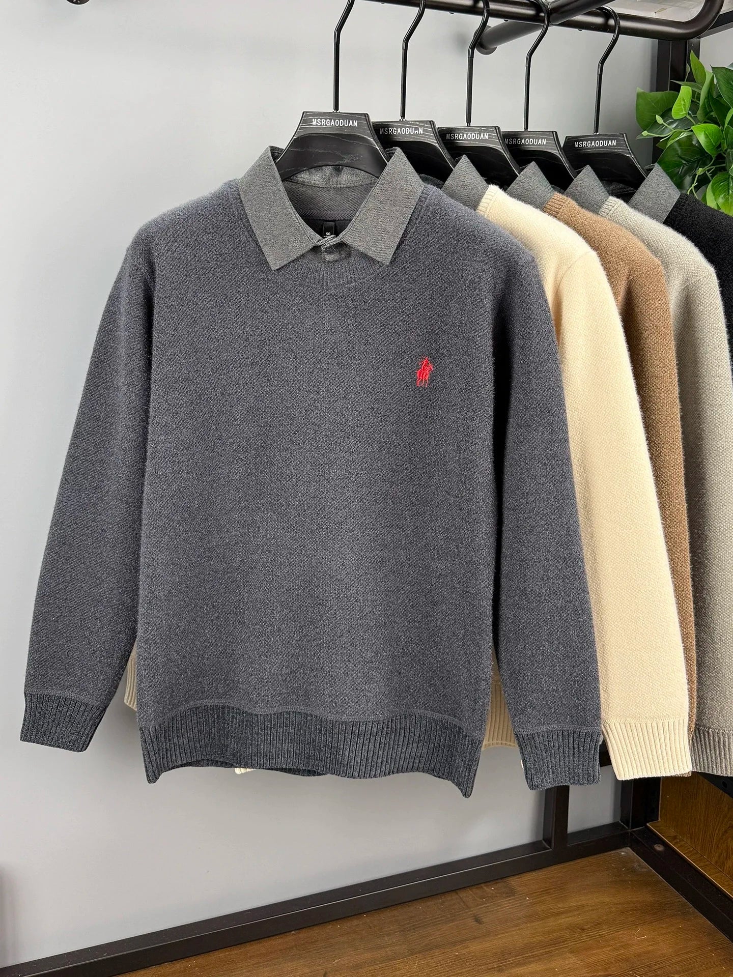 High end trendy pony embroidery men's sweater luxury brand fashion Paul winter velvet warm striped shirt collar knitted pullover
