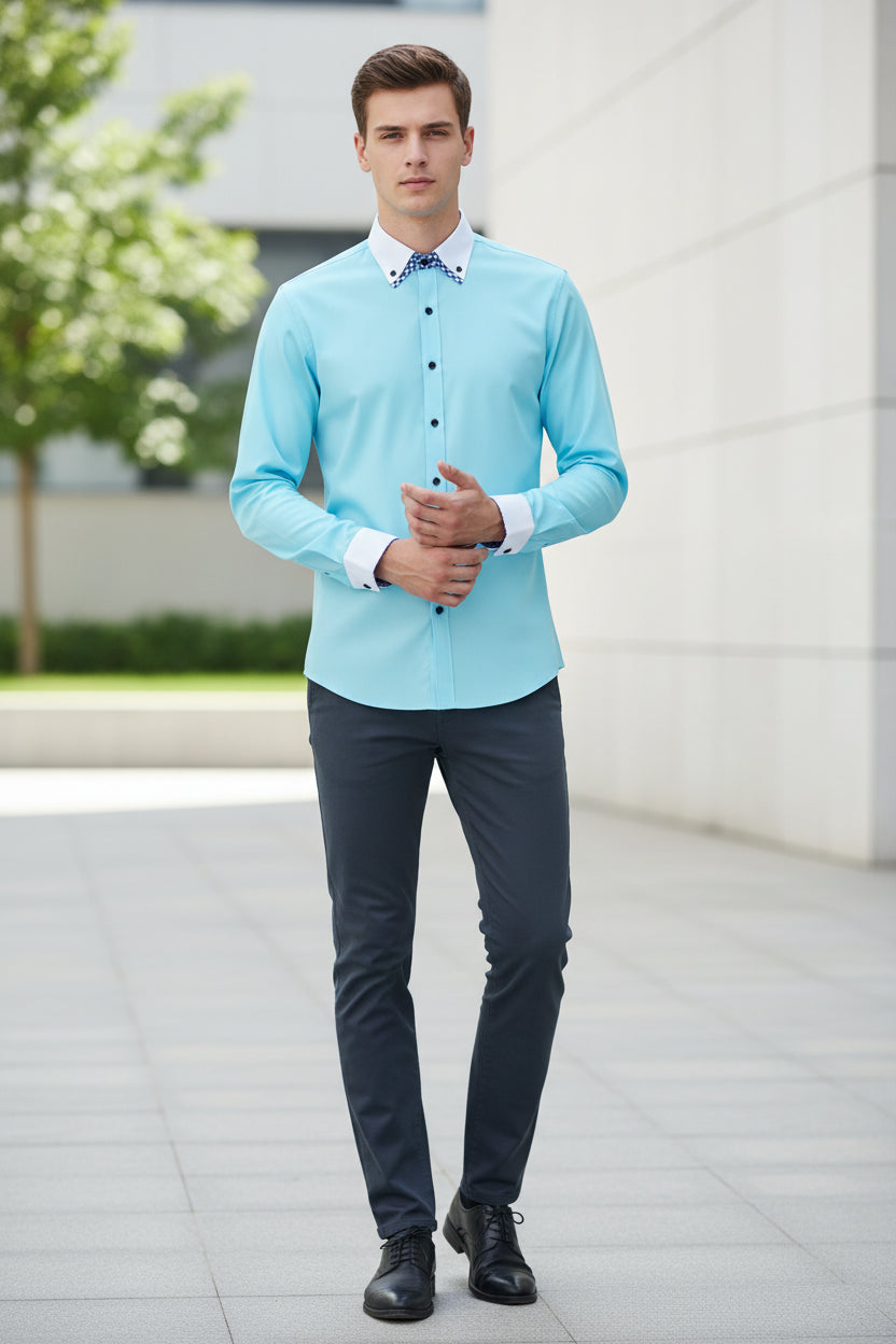 Light blue shirt with a patterned collar on a white background