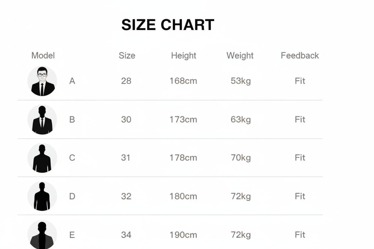 Size description chart with model images, sizes, heights, weights, and feedback for clothing or shoes.