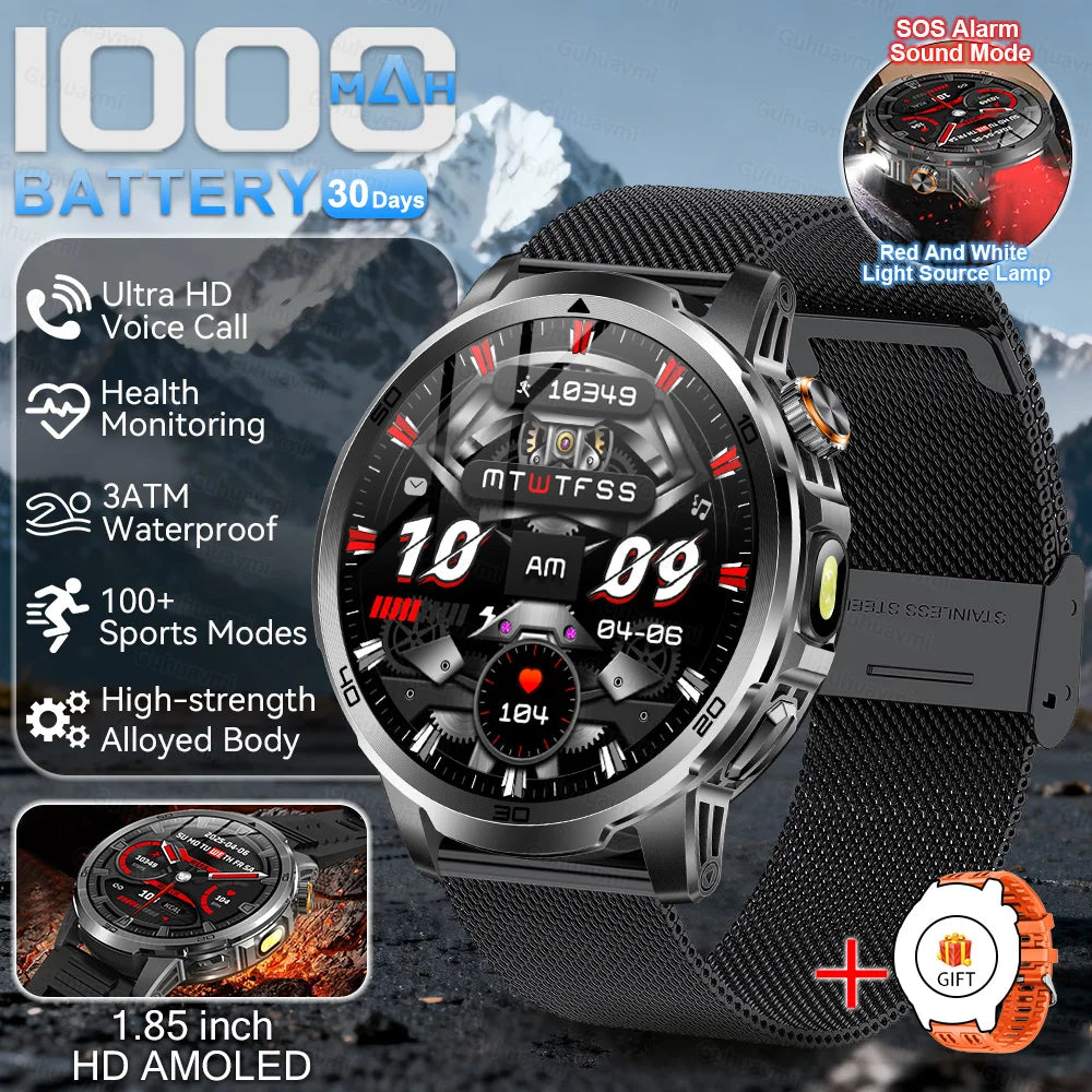 Smartwatch with black mesh band on mountain background, highlighting features like battery life and sports modes.