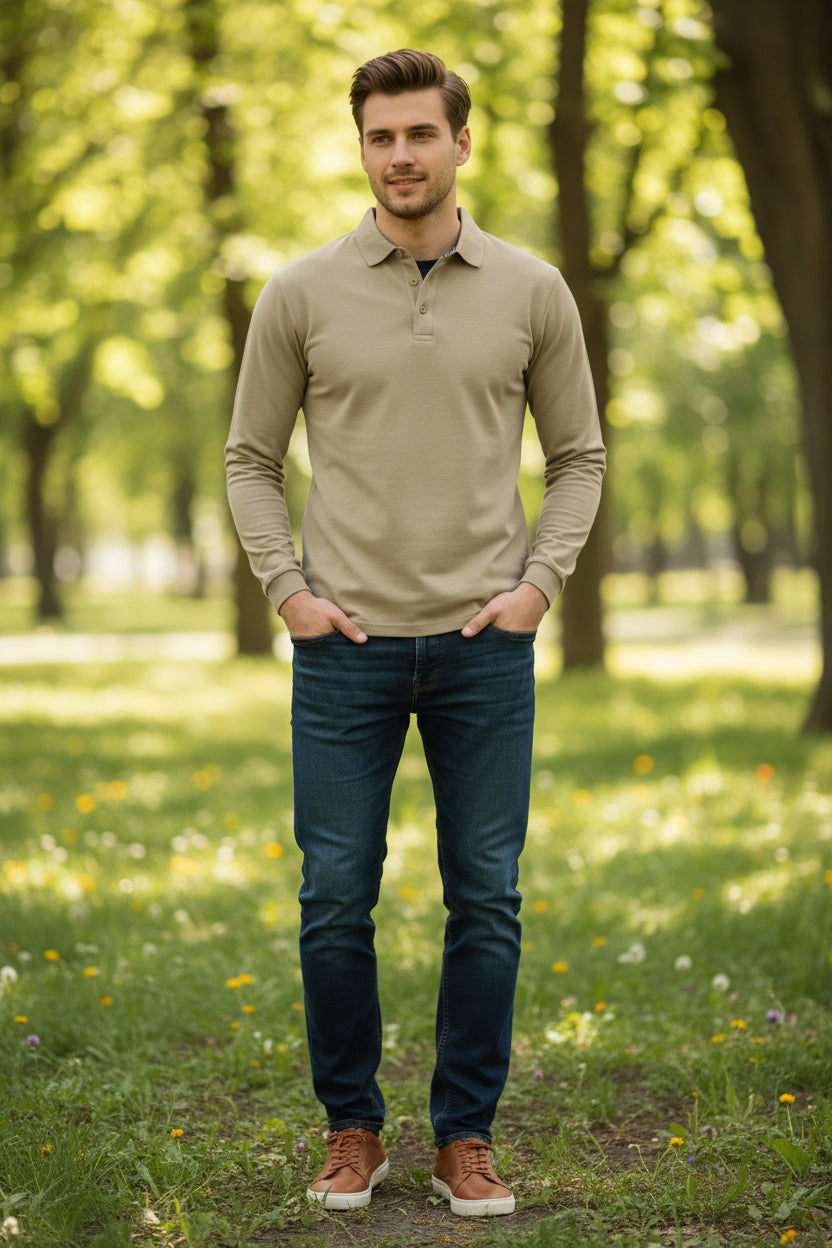 Beige long-sleeve polo shirt worn by a person on a white background, with TacAsen branding.
