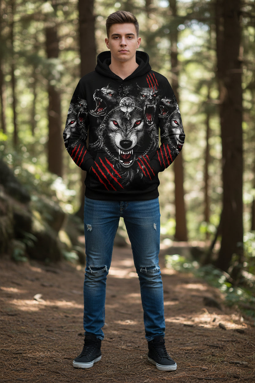 Black hoodie with a graphic of wolves and red accents on a white background
