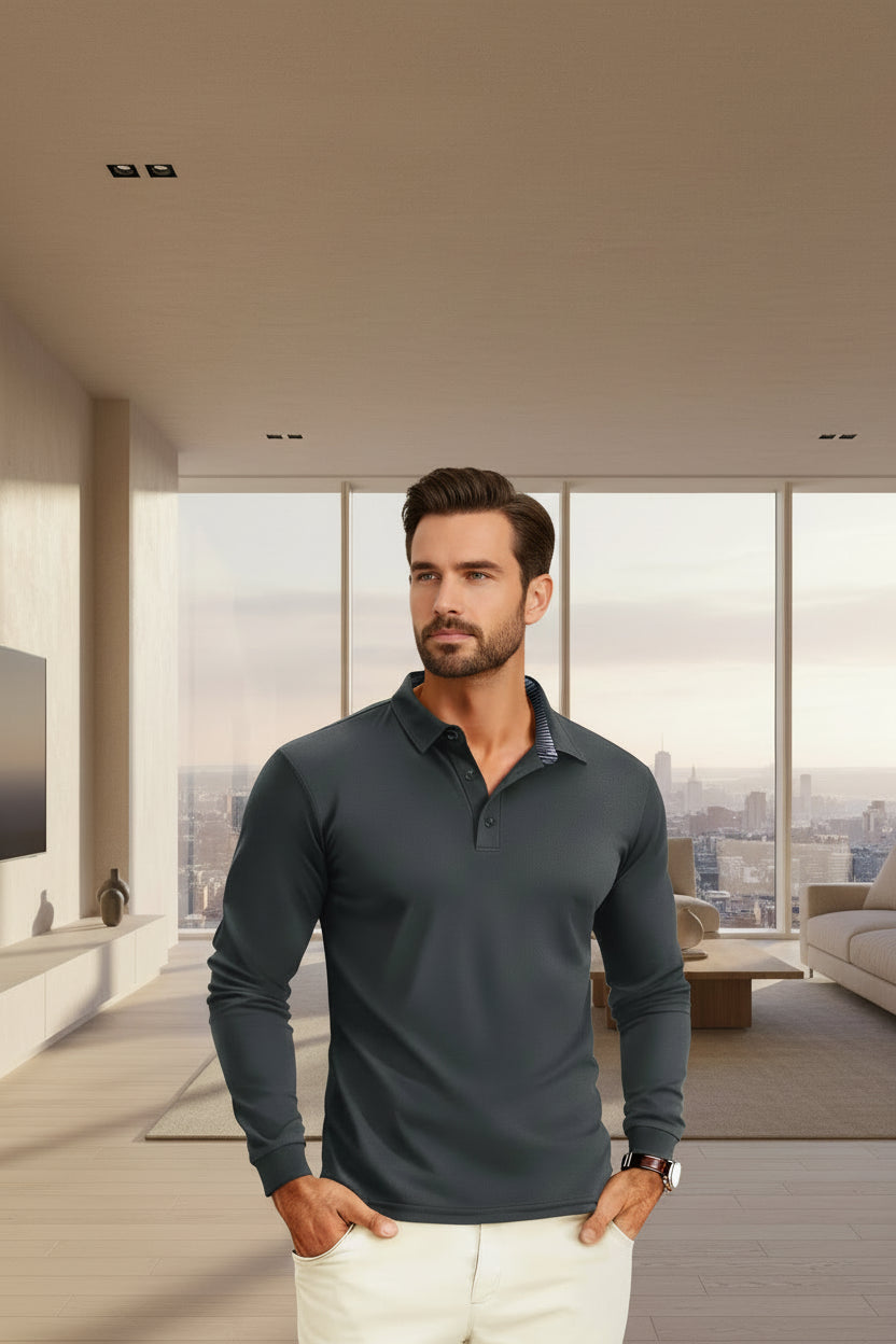 Gray long-sleeve polo shirt worn by a person on a white background