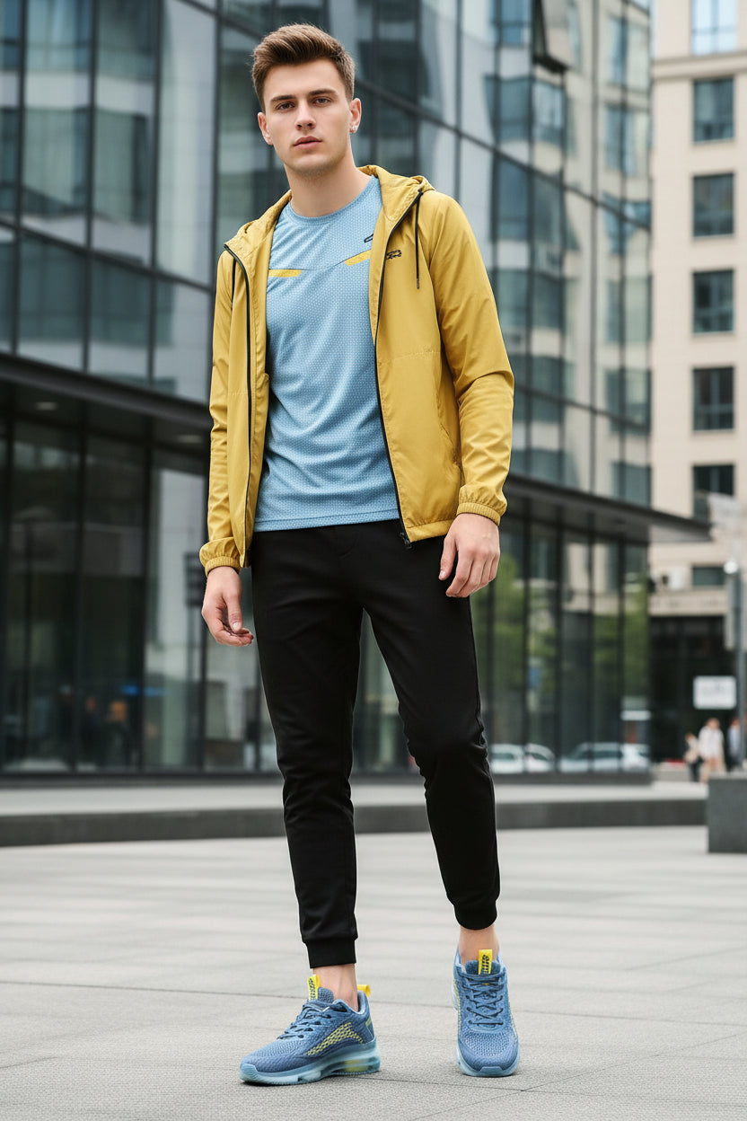 Blue and yellow running shoes on a blurred outdoor background
