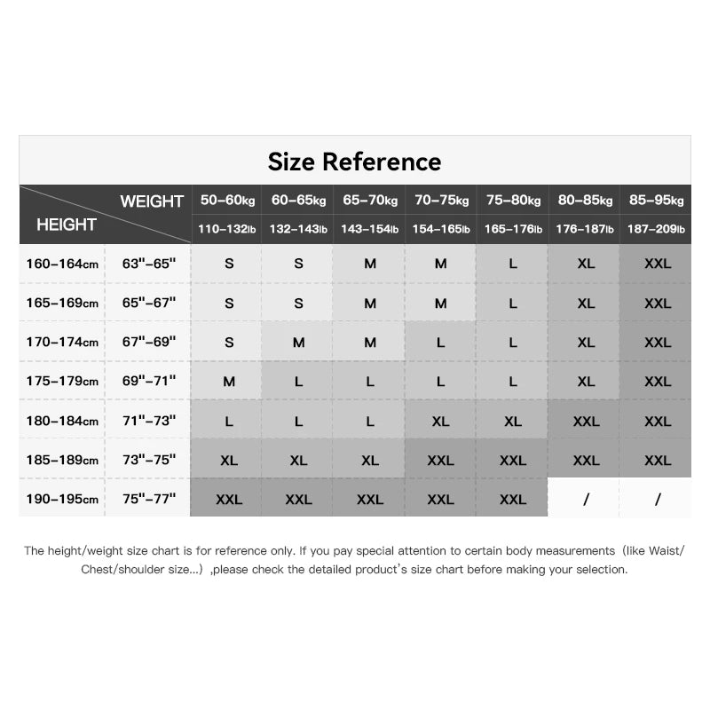 Size reference chart for height and weight on a white background