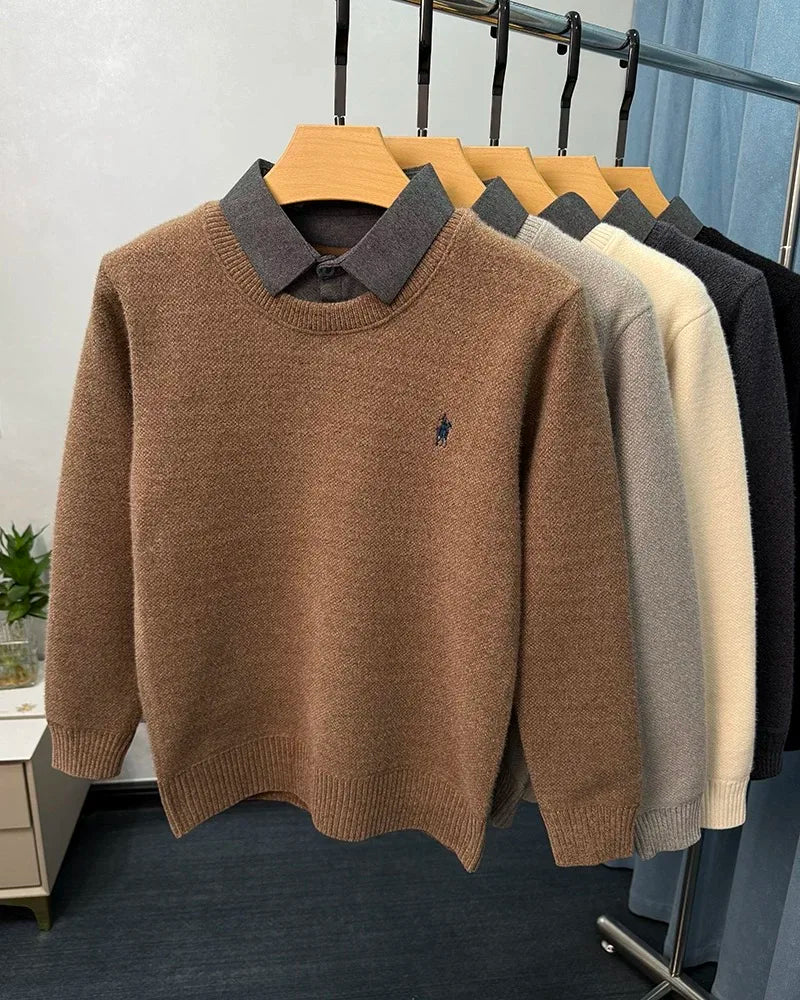 High end trendy pony embroidery men's sweater luxury brand fashion Paul winter velvet warm striped shirt collar knitted pullover