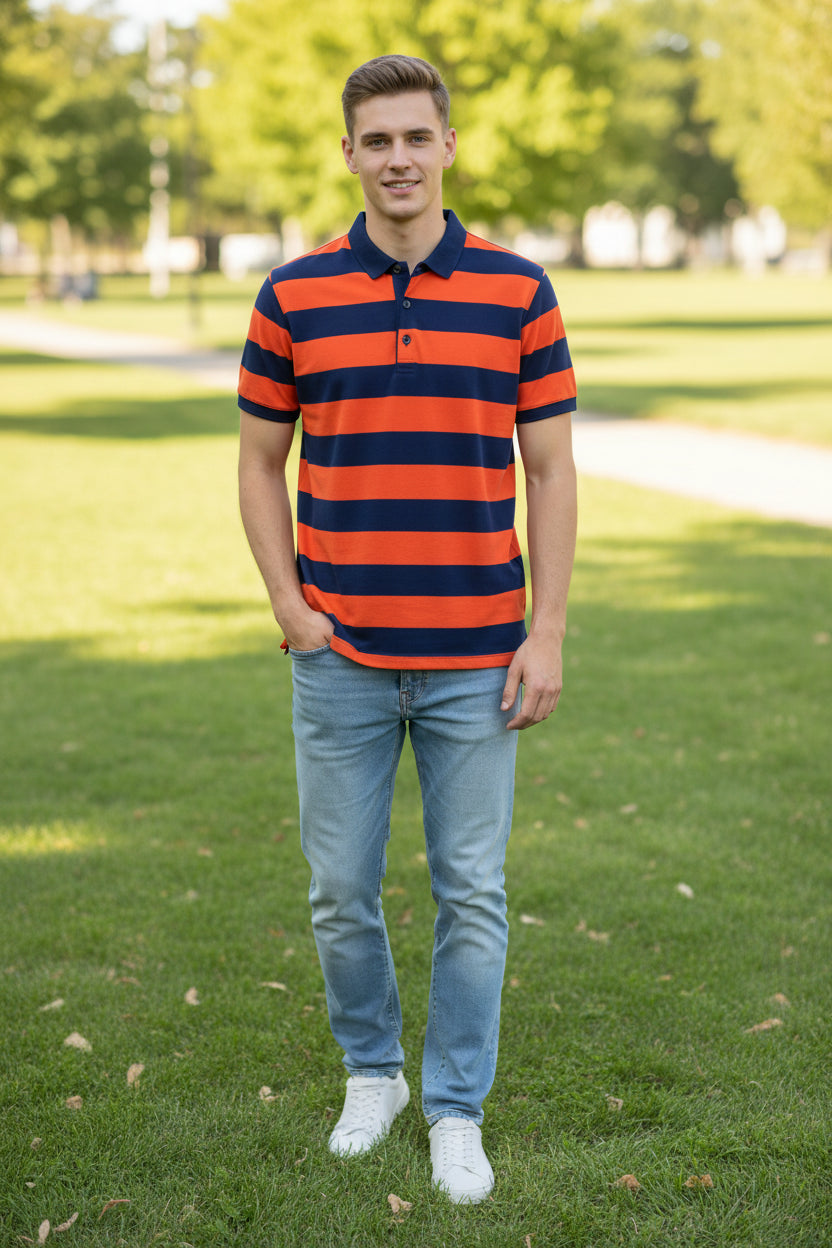 Blue and orange striped polo shirt on a gray background