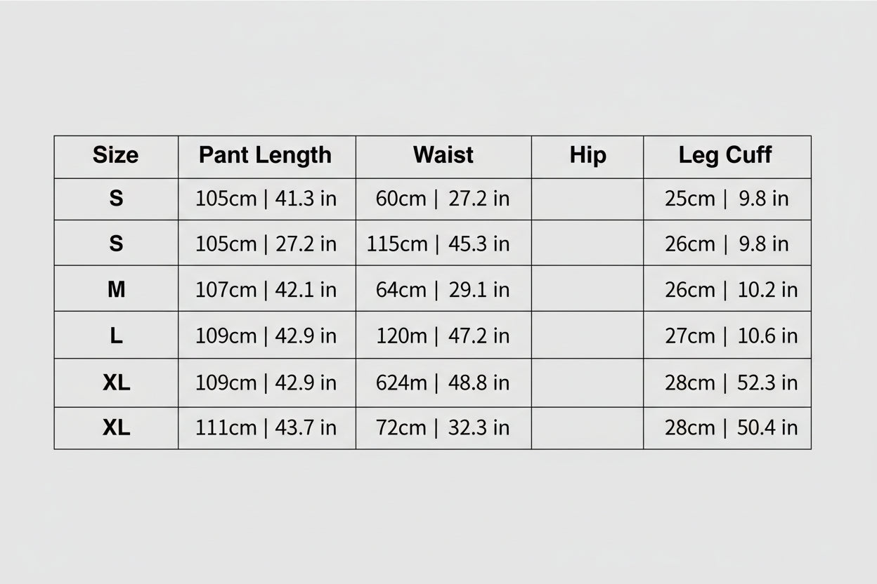 Table displaying size chart for pants with measurements in centimeters and inches.