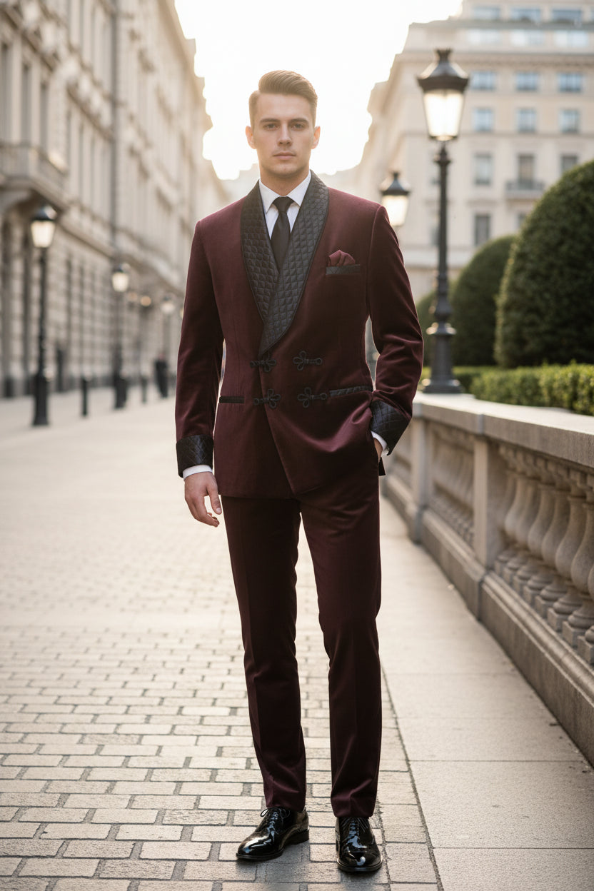 Man wearing a burgundy velvet suit with a black quilted lapel against a wooden background