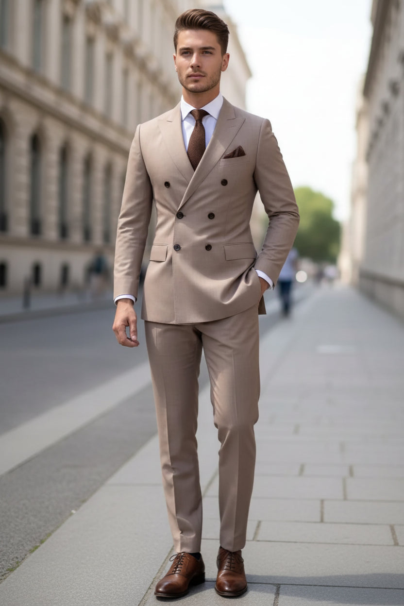 Beige double-breasted suit with a brown tie and pocket square against a blurred background