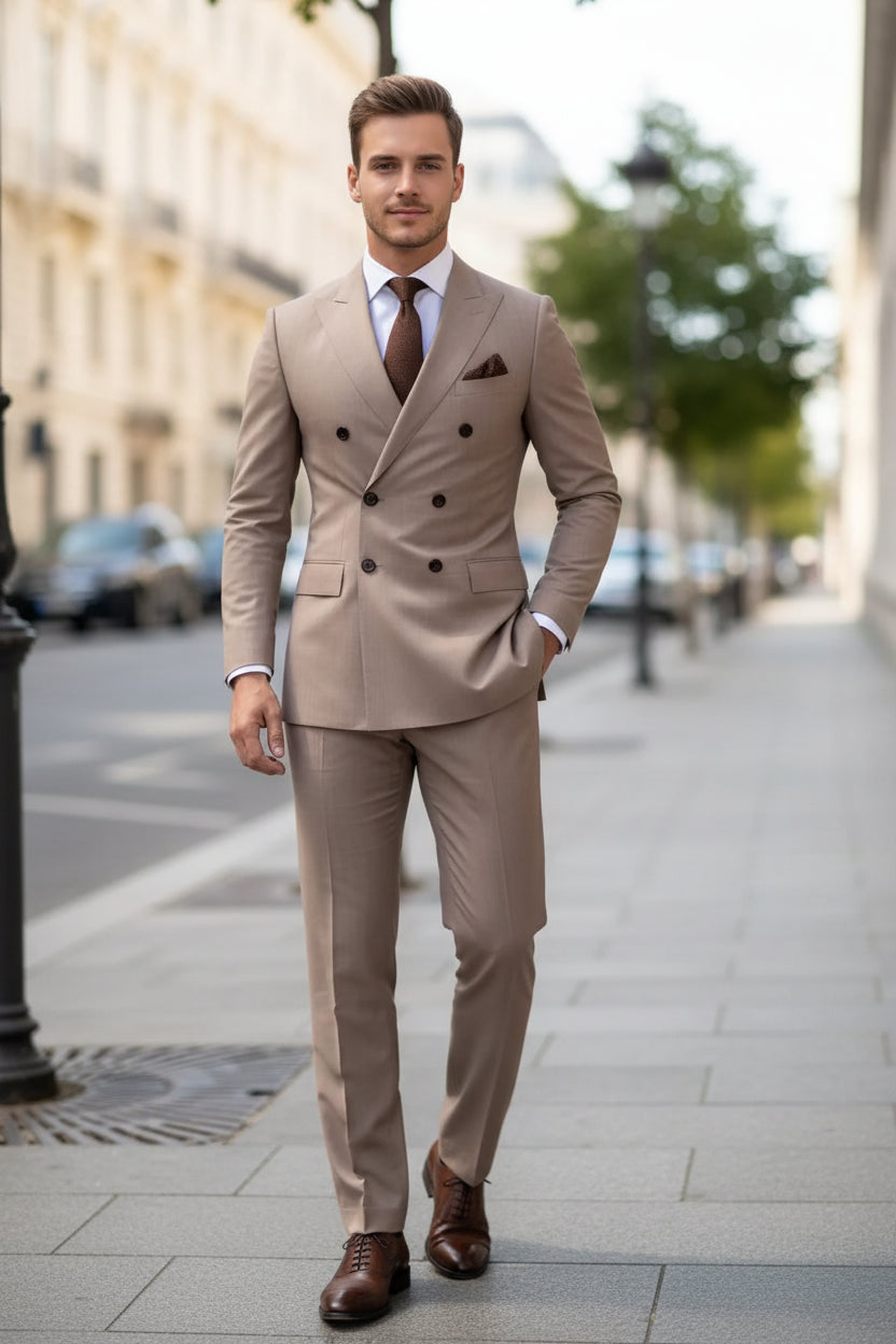 Beige double-breasted suit with a brown tie and pocket square against a blurred background